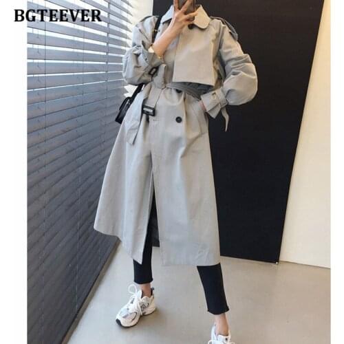 BGTEEVER Vintage Turn-down Collar Women Long Trench Coats Autumn Full Sleeve Double Breasted Sashes Female Windbreaker 2021