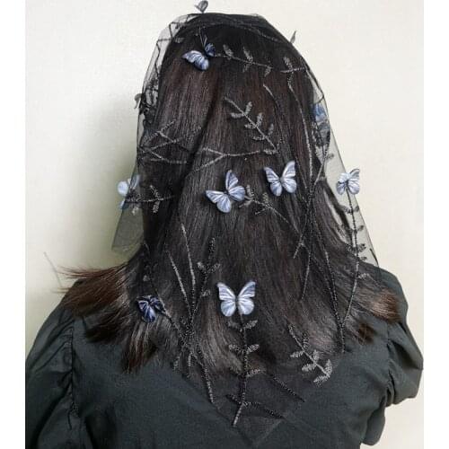 Women Lace head scarf shawl embroidery butterfly dragonfly flower feather hijab hair scarf With headband Catholic Mantilla Veil