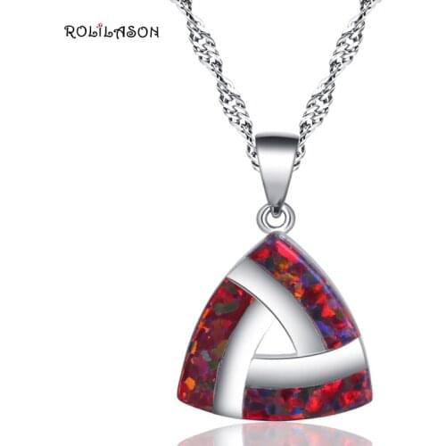 ROLILASON Top Quality Triangle vintage style opal for women orange opal silver necklaces pendants fashion jewelry OP763