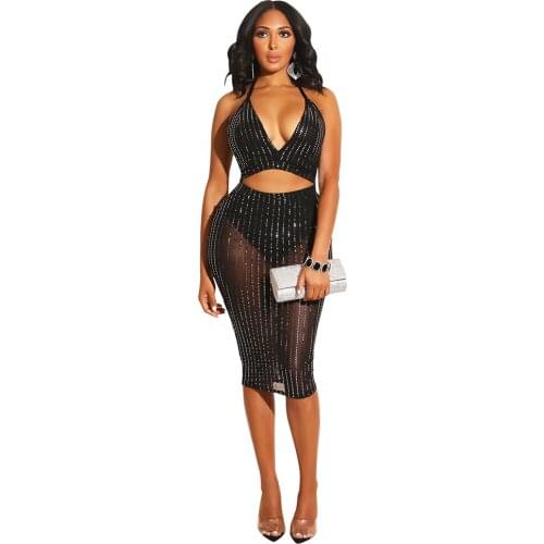 Women Stripes binding sequin Bandage Dress Sexy Mesh See Through Spaghetti Strap Backless Club Party Deep V Neck Dress