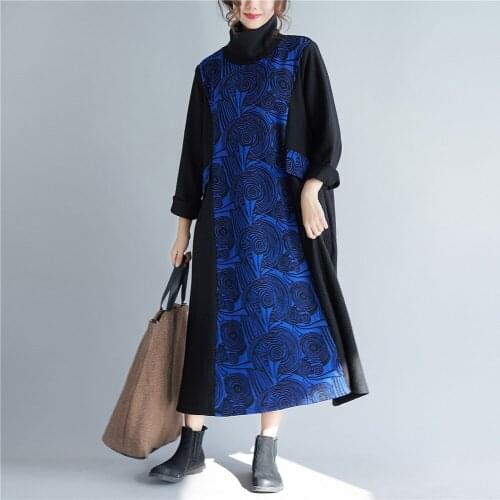 Plus Size Womens Winter Fashion 2019 Dresses Patchwork Turtleneck Long Dress Loose Casual Vestido Robe Vintage Femme AA4467