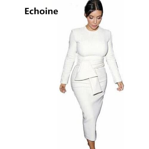 Clearance Slim Bodycon Sexy OL Dress Elegant OL White Dress Vestidos Long Sleeve Elegant White Midi Ladies Dresses with Belt