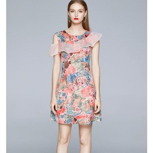 Womens spring summer sleeveless ruffles flower print dress female runway fashion high waist plus size short dress TB770