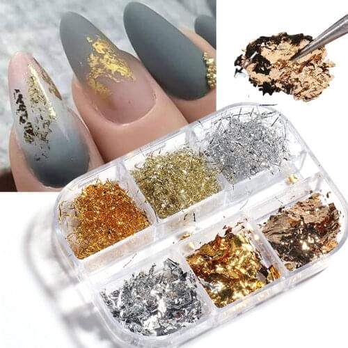 1Box Gold Foil Aluminum Flake Nail Art Glitter Powder Silver Strip Sticker 3D Decorations Polishing Manicure DIY Charm JI1909-09