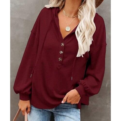 2021 Autumn women fashion loose single breasted pullover casual hooded sweatshirt