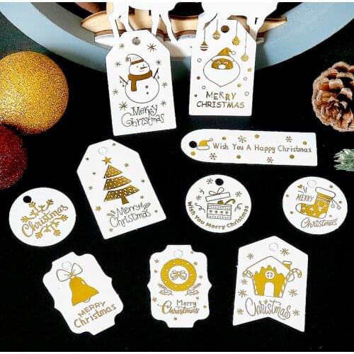 50sets Bronzing Merry Christmas Gift Tags Snowman Santa Claus Paper Card Label Xmas Party Gift Box Packaging Hang Tags with Rope