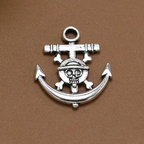 ANGRLY 50pcs 22*18mm Have Hook Up Retro Beaded Handmade Material Skull Head Captain Silver Pirate Pirate Anchor Alloy Pendant
