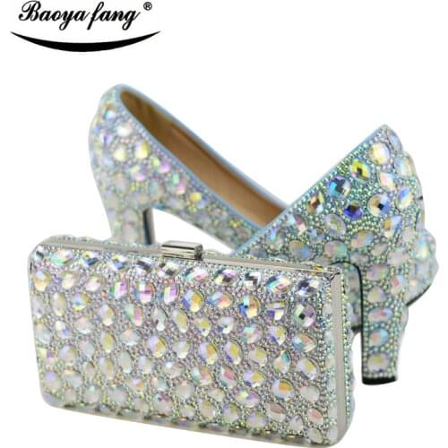 BaoYaFang AB shining Rhinestone Womens Wedding shoes high heels Platform shoes thick heel 12cm block heel platform shoes