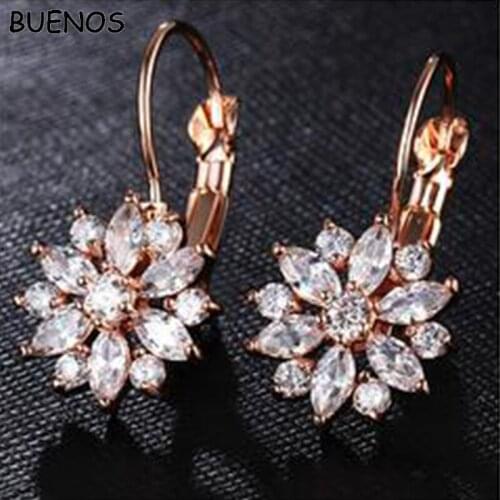 BUENOS Fashion Rose Gold Color Hoop Earrings Flower Cluster Clear Crystal Zirconia Earrings For Women Jewelry Brincos Gifts