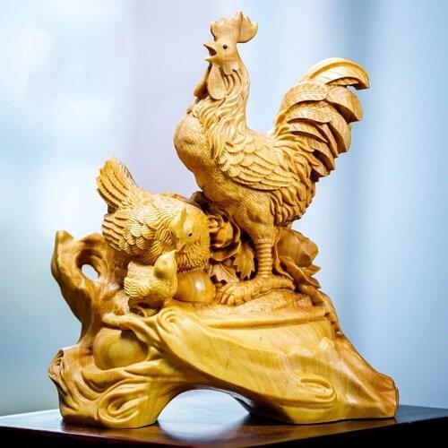 10cm Cock Happy Family Wood Statue Hom Ornaments Chinese Small Wooden Statue