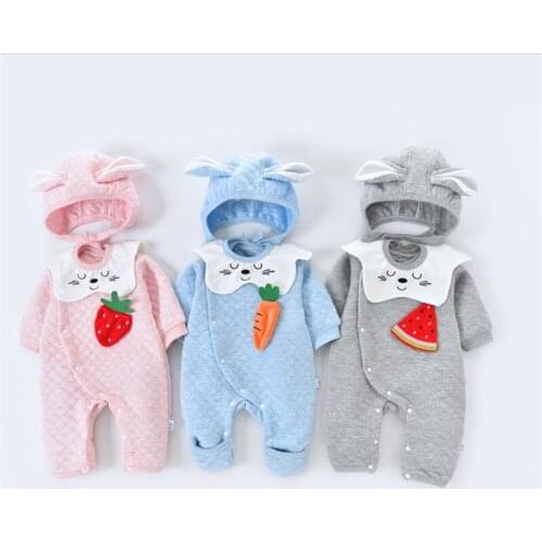 Baby Boys girls Carrot Strawberry watermelon Long Sleeve Rompers rabbit Hat Cartoon saliva towel Set Kids Jumpsuit