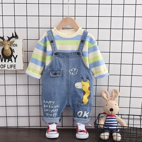 Baby clothes spring autumn set boy new cute cartoon giraffe cotton sweater denim overalls suit girl casual 2-piece suit boy suit