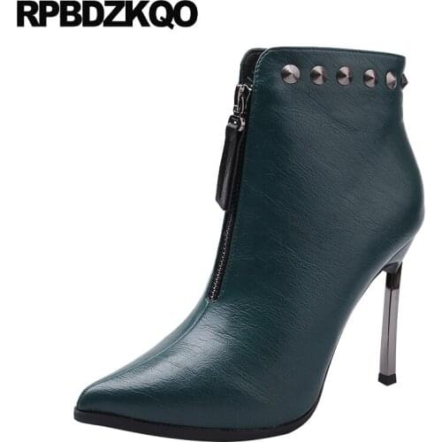 Extreme Shoes Stiletto Booties Women Boots Winter 2021 Metal Rivet Designer Front Zipper Ankle Stud High Heel Green Pointed Toe
