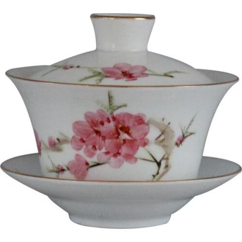 Jingdezhen Factory Goods Cultural Revolution Ceramic Hand Painted Peach Blossom Covered Bowl