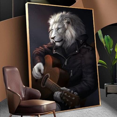 Animal Print Canvas Painting Wall Art Playing Guitar Gentleman Lion Poster and Prints Wall Art Picture for Living Room Decor