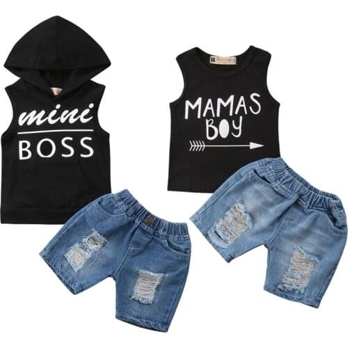 Mimi Boss/Mamas Boy Newborn Toddler Baby Boy Sleeveless Vest Tops+Denim Shorts Hole Jeans 2PCS Outfits Summer Clothing Set