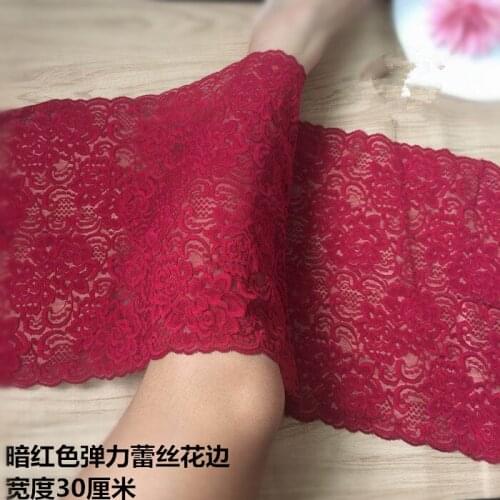 30cm Width Hollow Elastic Lace Trim Clothing Accessories DIY Sewing Lace Applique Stretch Trimmings Lace Fabric Wine Red