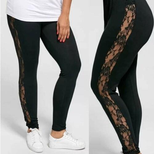 New Fashion Womens Ladies High Waist Floral Lace Side Panel Cut Out Black Leggings Plus Size