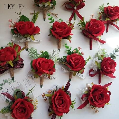 LKY Fr Boutonniere Groomsman Wedding Silk Roses Red Bridesmaid Bracelets Flowers Buttonhole Wedding Witness Marriage Accessories