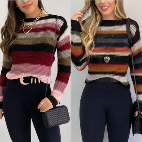 Fashion Contrast Striped Casual Pullover O-Neck Womens Sweater Autumn And Winter New Stitching Spot Hollow Ladies Base Sweater