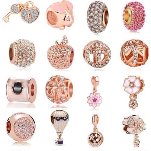 2020 new free shipping 4pcs rose gold apple ballon cross flower rabbit waterdrop key lock bead fit Pandora charms bracelet X084