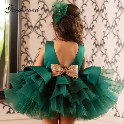Baptism Peacock Ruffle Layers Flower Girl Dresses Sequin Bow Puffy First Communion Dress Glitter Knot Girl Party Dress New Year