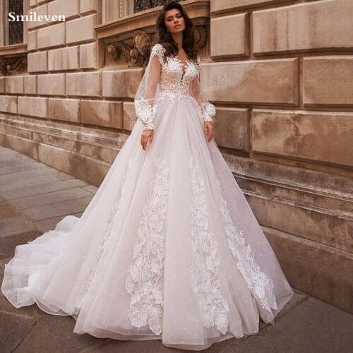 Smileve Luxurious Pink Wedding Dress Backless Ball Gowns Puff Sleeve Boho Lace Bride Dresses Vestido de novia With 3D flowers