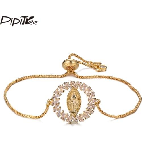 Pipitree Luxury Shiny Irregular Cubic Zirconia Virgin Mary Bracelets Chain Adjustable Round Charm Bracelet Bangle Women Jewelry