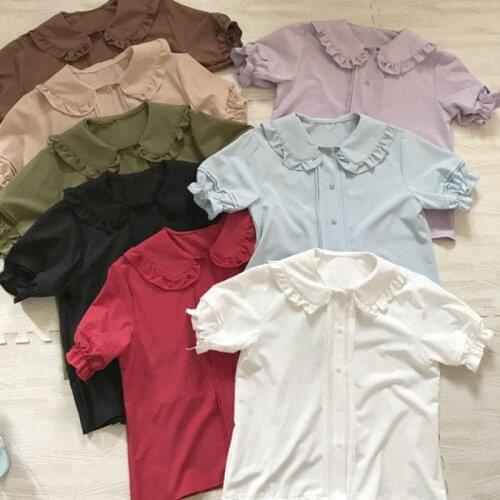 Cute Shirts Women Summer Solid Lolita Style Peter Pan Collar Puff Sleeve Kawaii Girl Shirt Womens Top