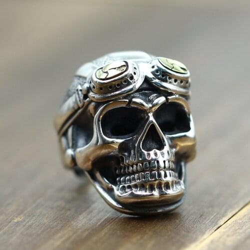 SECRET BOYS Vintage Old Silver Color Gothic Skull Ring Pilot Undead Legion Punk Ring Mens Biker Jewelry