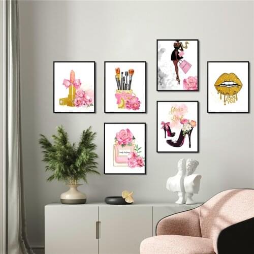 Nordic Fashion Wall Art Canvas Painting Pink Flower Perfume Golden Lips Wall Art Poster Print Cuadros for Living Room Decor