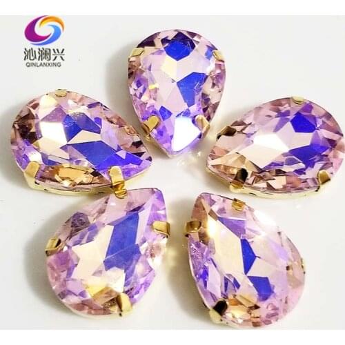 Super beauty Golden bottom Pink AB color DR shape Glass Crystal sew on claw rhinestones with holes,Diy Clothing accessories