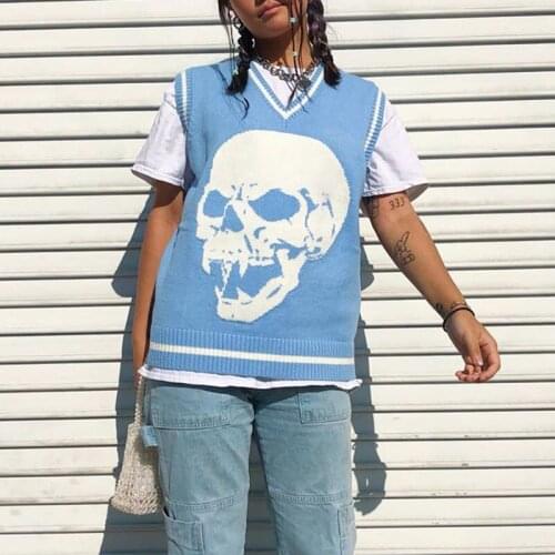 Dark skull loose sweater vest women trendy street hip-hop all-match warm jacket outside autumn and winter y2k tops E-girl Vest