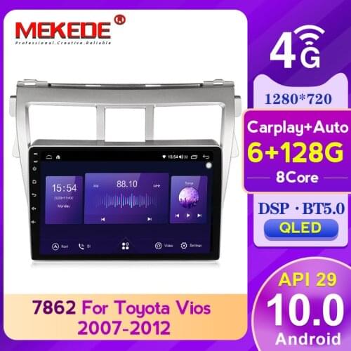 Top!6GB 128GB Carplay DSP Android 10.0 Car gps multimedia Player For Toyota Vios Yaris 2007-2012 with QLED screen 4GLTE BT5.0