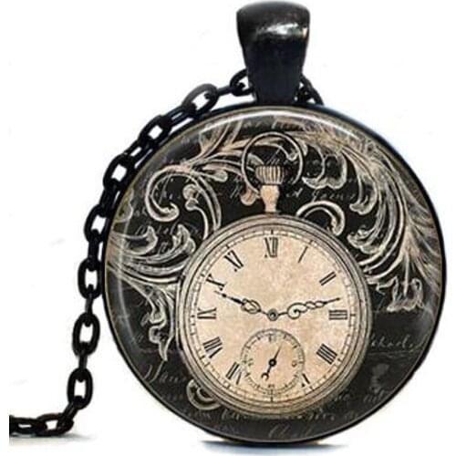 Steampunk Vintage Clock Necklace Round clock pocket watch pendant Art photo Pendant Glass Dome Clock Pendant jewellery chain