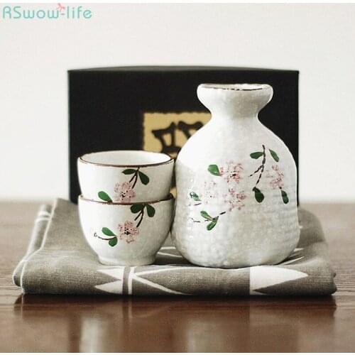 Japanese Style Impression Ceramic Cherry Blossom Series One Pot Two Cups Wine Set High Temperature Unglazed Colored Sake Bottle