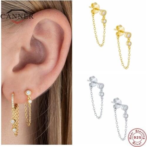 CANNER Real 925 Sterling Silver Stud Earrings For Women Round Zircon Chain Tassel Piercing Earring Earings Jewelry Pendientes
