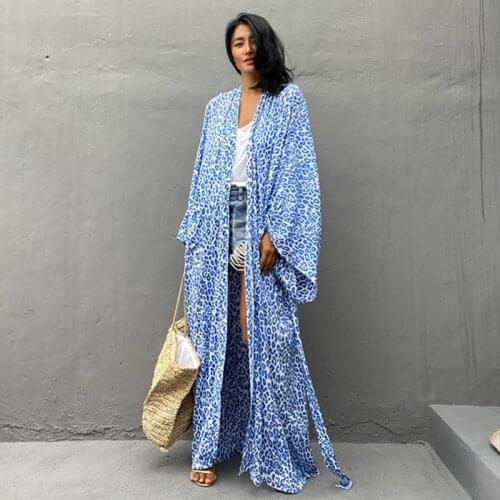2021 New Sexy Printed Blue Tunic Women Plus Size Summer V-Neck Dress Kaftan Beach Wear Robe de plage Maxi Dresses A920