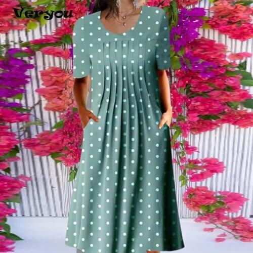 Autumn Casual Women Dresses Polka Dot Print Loose Round Neck Short Sleeve Long Maxi Dress Ankle-Length Ruffles Dresses For Women