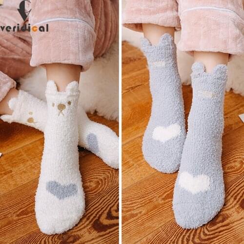 1 Pair Plush Coral Fleece Socks Girls Female Tube Socks Autumn Winter Cat Claws Cute Thick Warm Sleeping Floor Socks Hot Sell