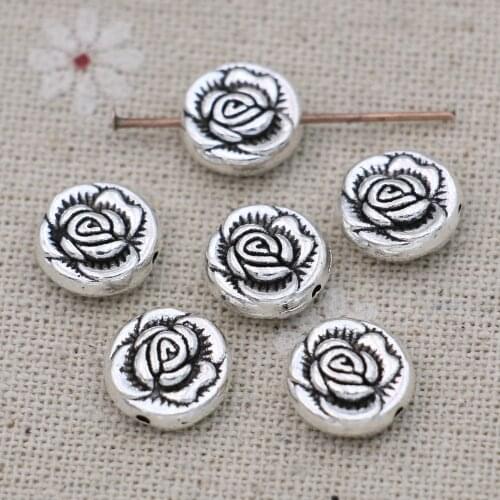 10pcs Antique Silver Plated Rose Flower Spacer Beads for Jewelry Making Bracelet Loose Beads DIY Jewelry Accessories 10mm