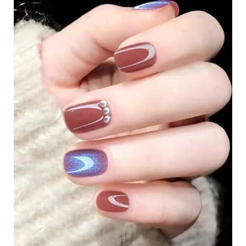 24pcs Fake Nails With Glue Aquamarine Pearl Wear Short Paragraph Fashion Manicure Patch False Nails Wearable Nail Patch TO