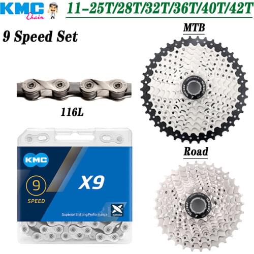 SUNSHINE 9 Speed Flywheel 11-25T/28T/32T/36T/40T/42T Road Bike Chain Set HG53 HG93 KMC X9 Chains 9V MTB Bicycle Cassette
