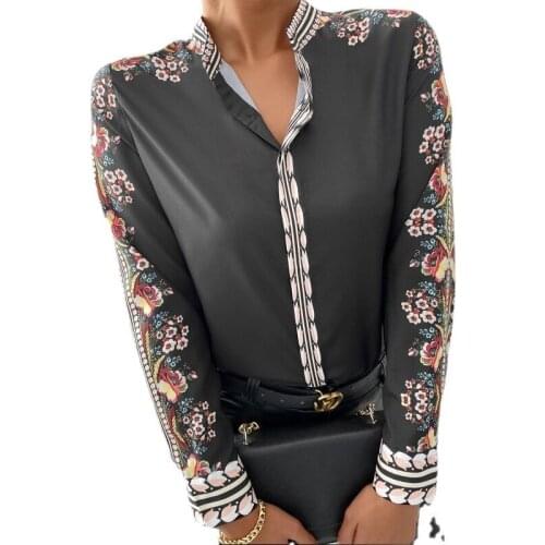 European Style Women Spring Summer Casual Long Sleeve Pullover Blouse Fashion Stand Neck Patchwork Office Lady Tops Shirts