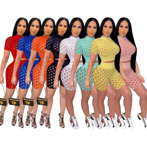 Chiclover Summer Two Piece Set Women Wholesale Items Bodycon Elastic Breathable Hole Short Sleeve Top and Sexy Biker Shorts Sets