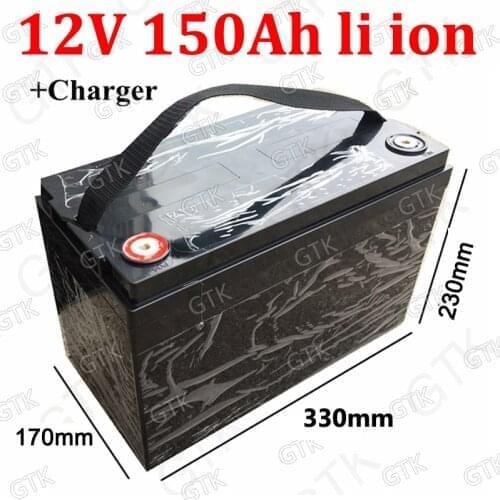 GTK waterproof 12v 150ah lithium ion Rechargeable bateria 12V li ion 18650 BMS for Inverter solar energy Trailer + 10A Charger