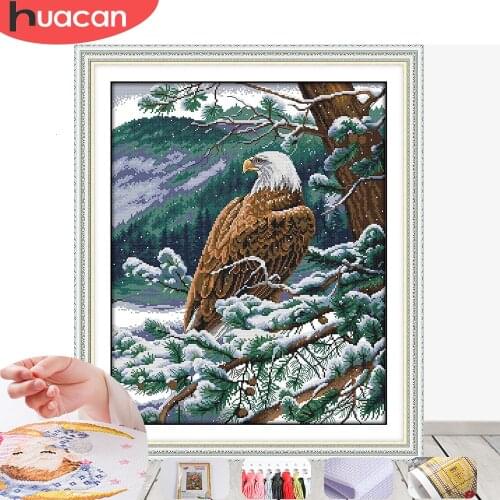 HUACAN Cross Stitch Embroidery Eagle Animals Needlework Sets For Full Kits White Canvas Snow DIY Home Decor 14CT