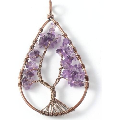 KFT Red Bronze Wire Wrapped Tree of Life Pendant Natural Healing Crystal Quartz Reiki Water Drop Chakra Stone Pendant Necklace
