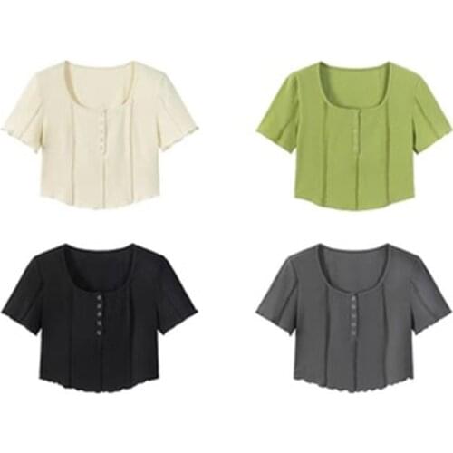 Summer Crop Top Women 202 Ribbed Button T-Shirt Korean Style Short Sleeve Woman Clothes Slim Tshirt Female Tee Shirt Femme