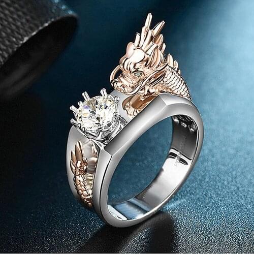 Fashion dragon zircon diamonds gemstones rings for men rose gold white silver color jewelry bague party punk cool accessory gift